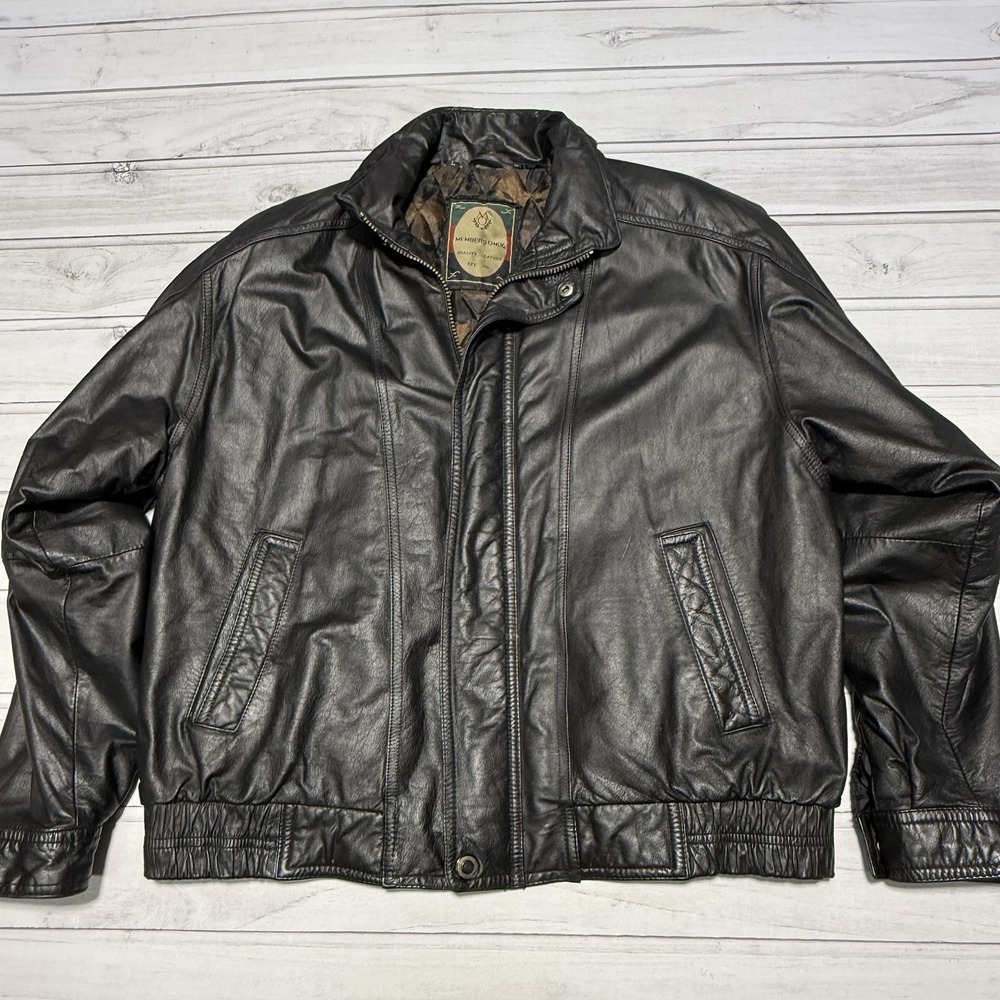 Vintage Members Only Bomber Jacket Mens Large Black Leather Coat Quilted Lining